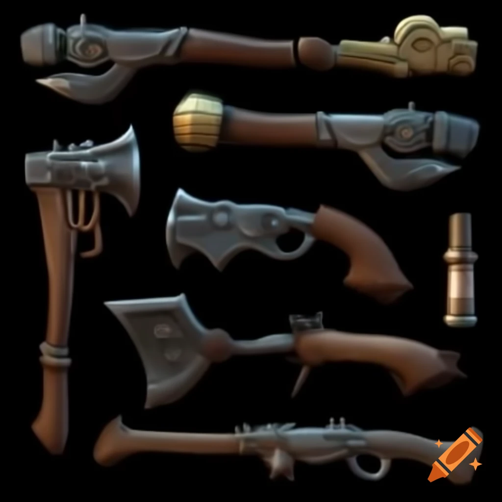 Steampunk Wild West cultist weapon set concept in cartoon style