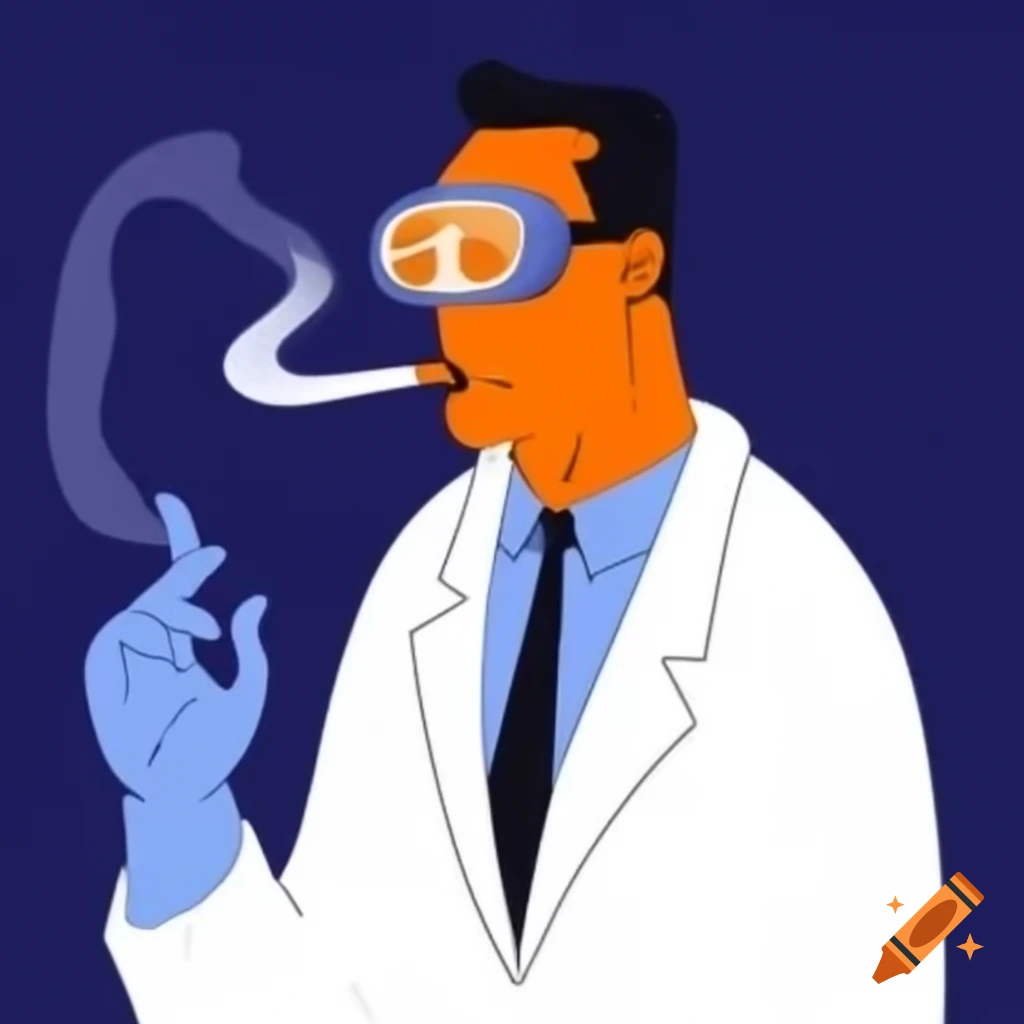 Man in lab coat and safety goggles smoking cigarette