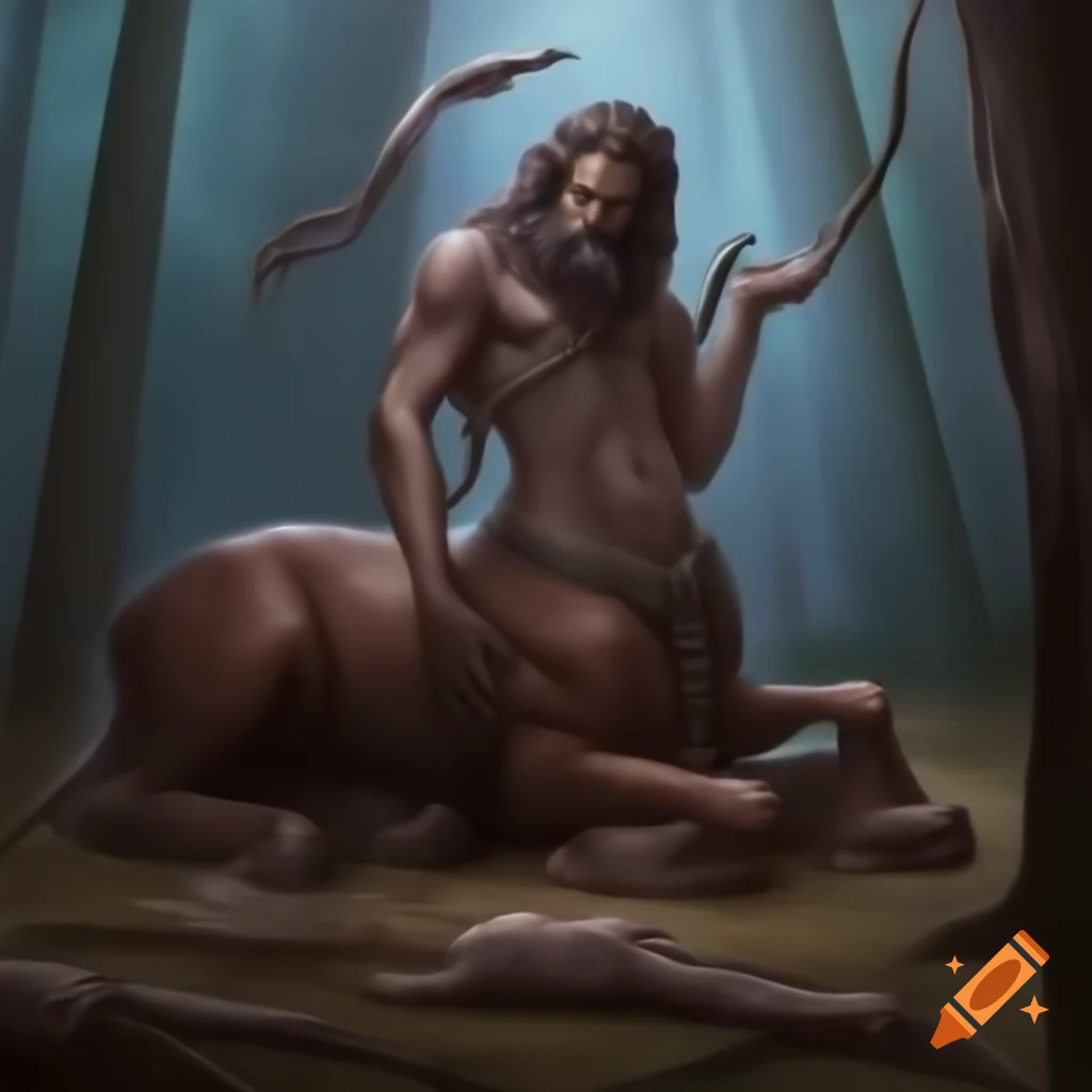 Unconscious centaur in forest under fallen branch