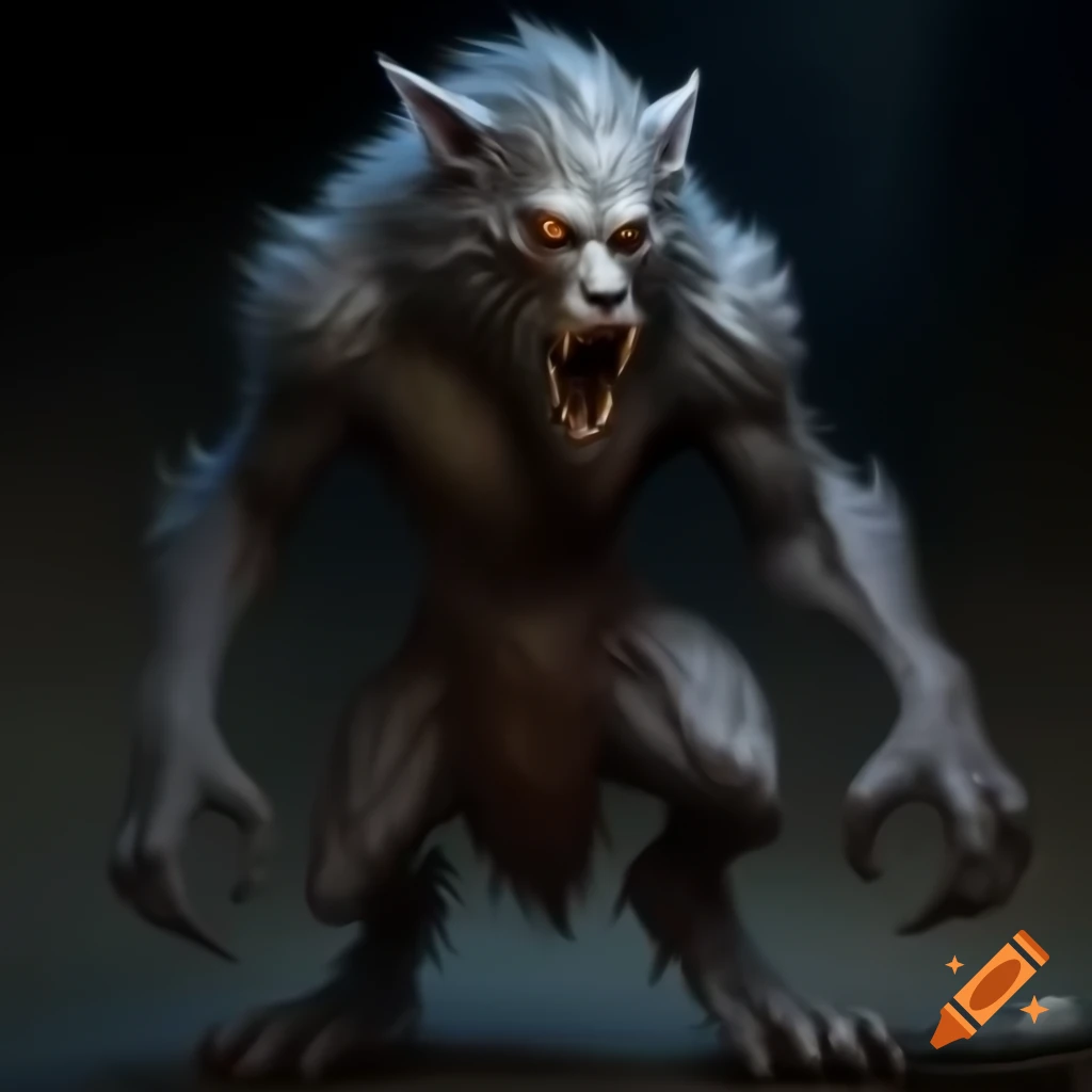 Hand-painted werewolf monster in medieval style with dark gray skin and empty claws