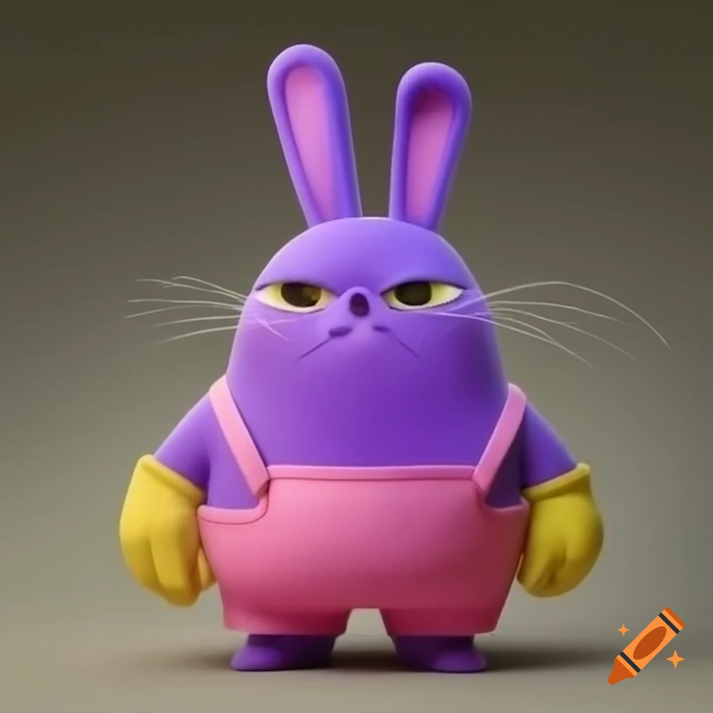 Anthropomorphic purple bunny in pink overalls and yellow gloves