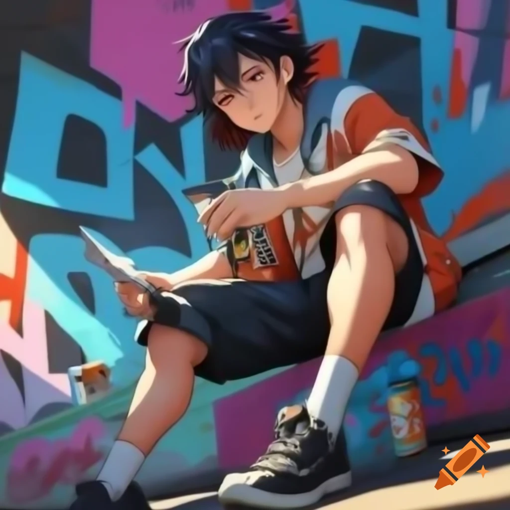 Abstract graffiti art featuring anime man