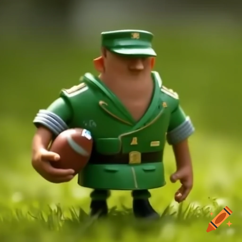 Toy green army man holding American football