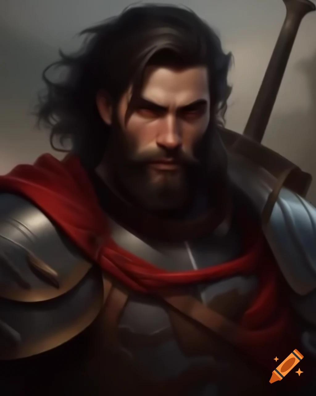Handsome young adult male in fantasy armor with sword and shield