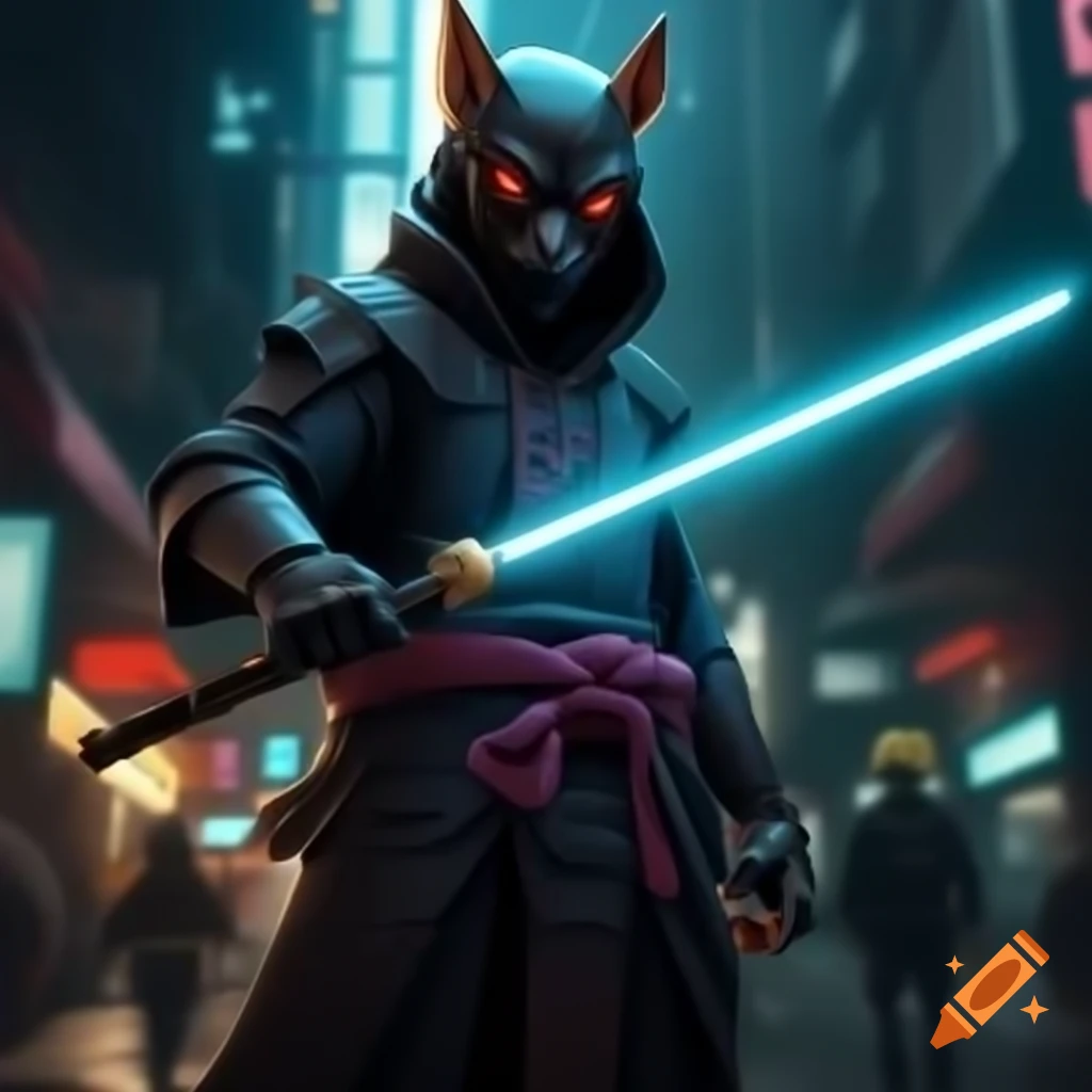 Anthropomorphic bat ninja with glowing LED katana sneaking on cyberpunk city roof