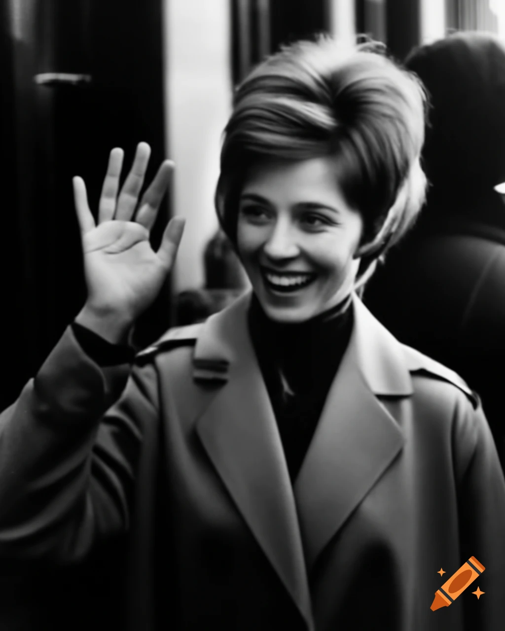 Vintage paparazzi photo of Parisian actress making peace sign on street