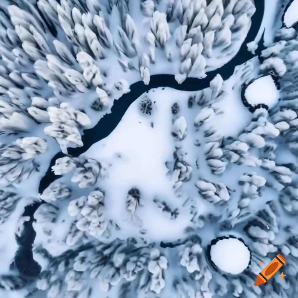 Aerial view of map showing path from snowy forest to town with festive vibes