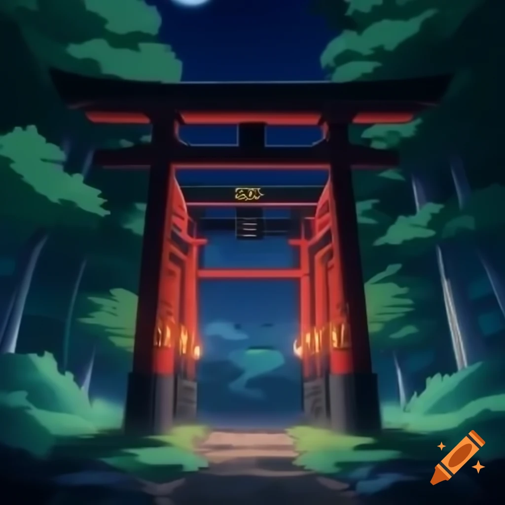 Front view of Japanese torii gate at night with lights in forest, anime style