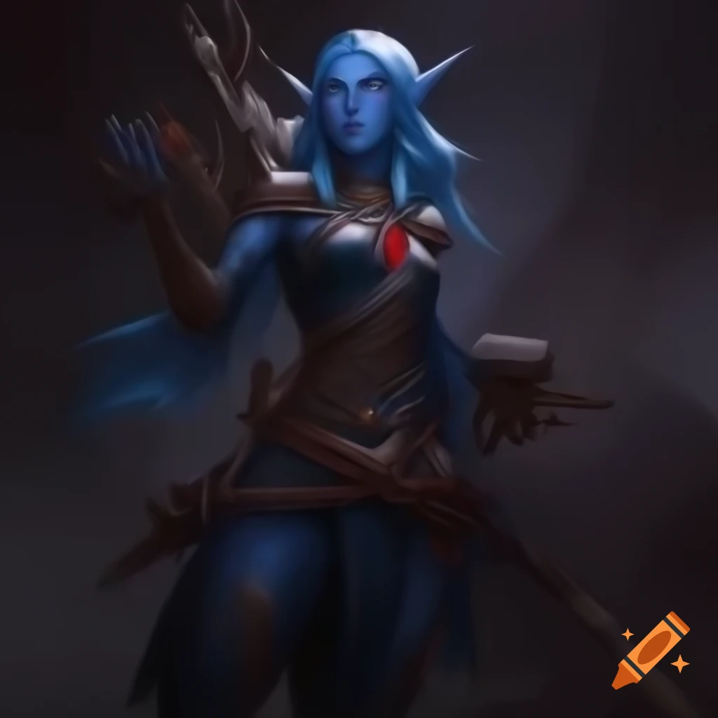 Female dark elf with blue skin and red eyes holding crossbow, dark fantasy concept art