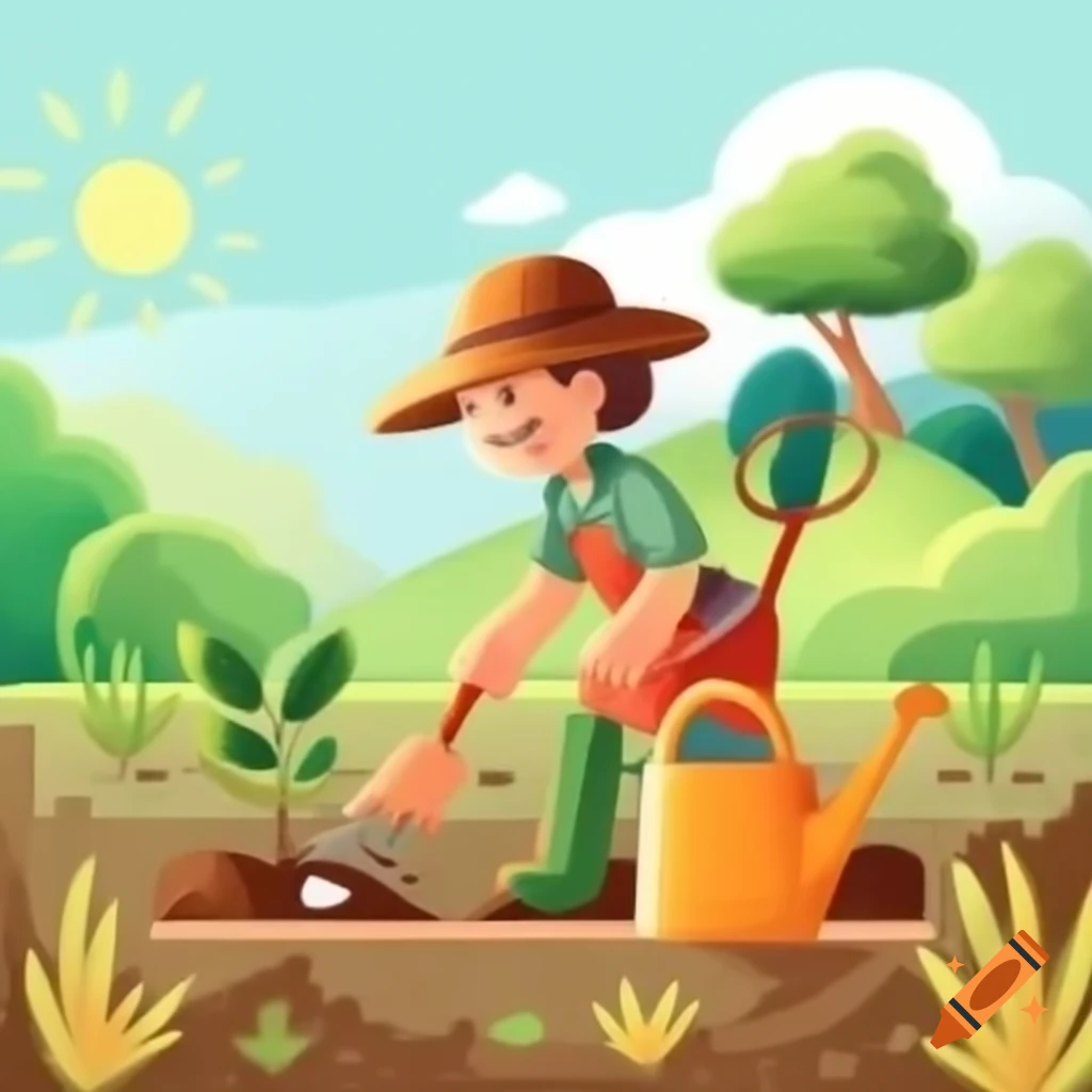 Person gardening with rake and watering can on sunny day