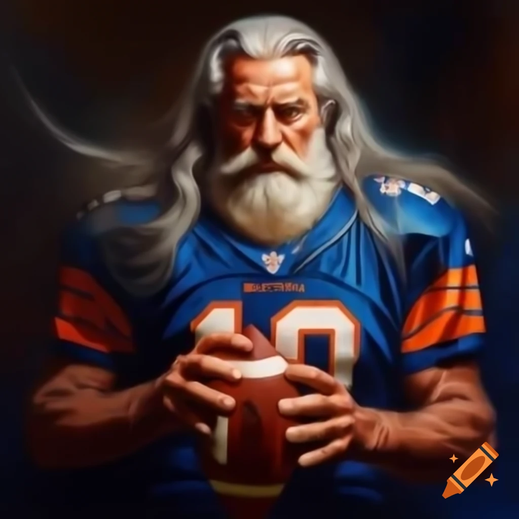 Fashionable old man with long hair and beard in football jersey holding a football, oil painting