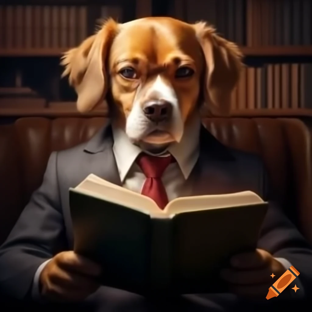 Anthropomorphic dog in suit reading a book