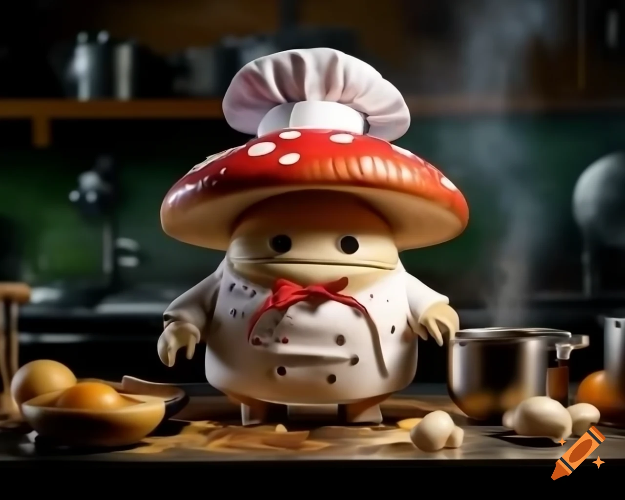 Happy mushroom creature in chef suit cooking in kitchen, hyper detailed and kawaii