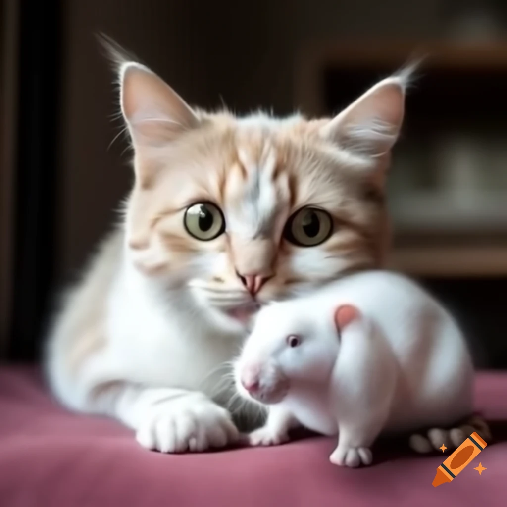 Cute cat interacting with a white rat