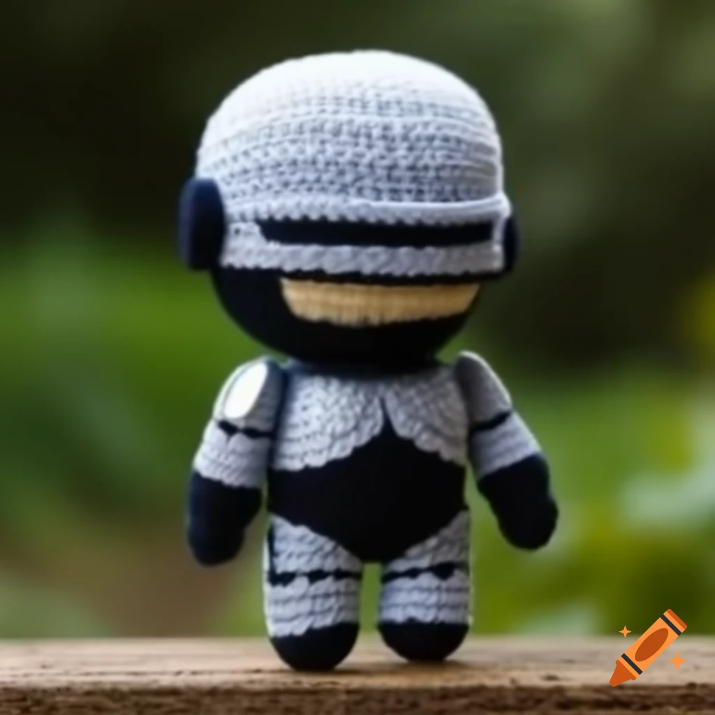 Crocheted toy version of Robocop