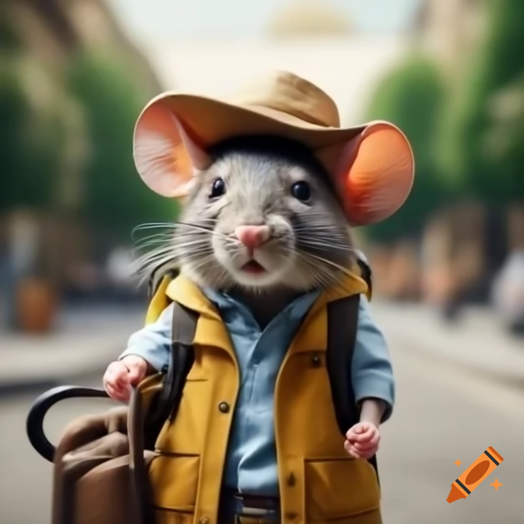 Cute rat in tourist outfit exploring Europe