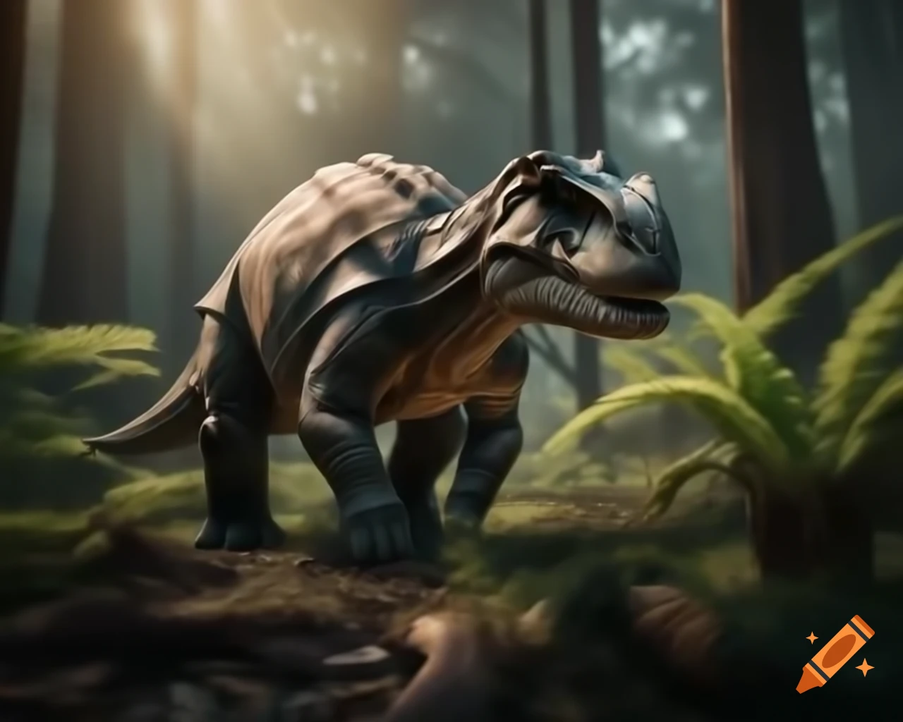 Ankylosaurus walking in sunny forest clearing, with ferns and fallen trees