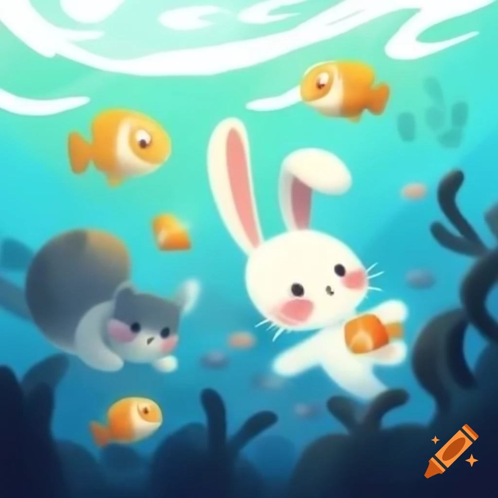 Bunny, kitten, and fish playing together underwater