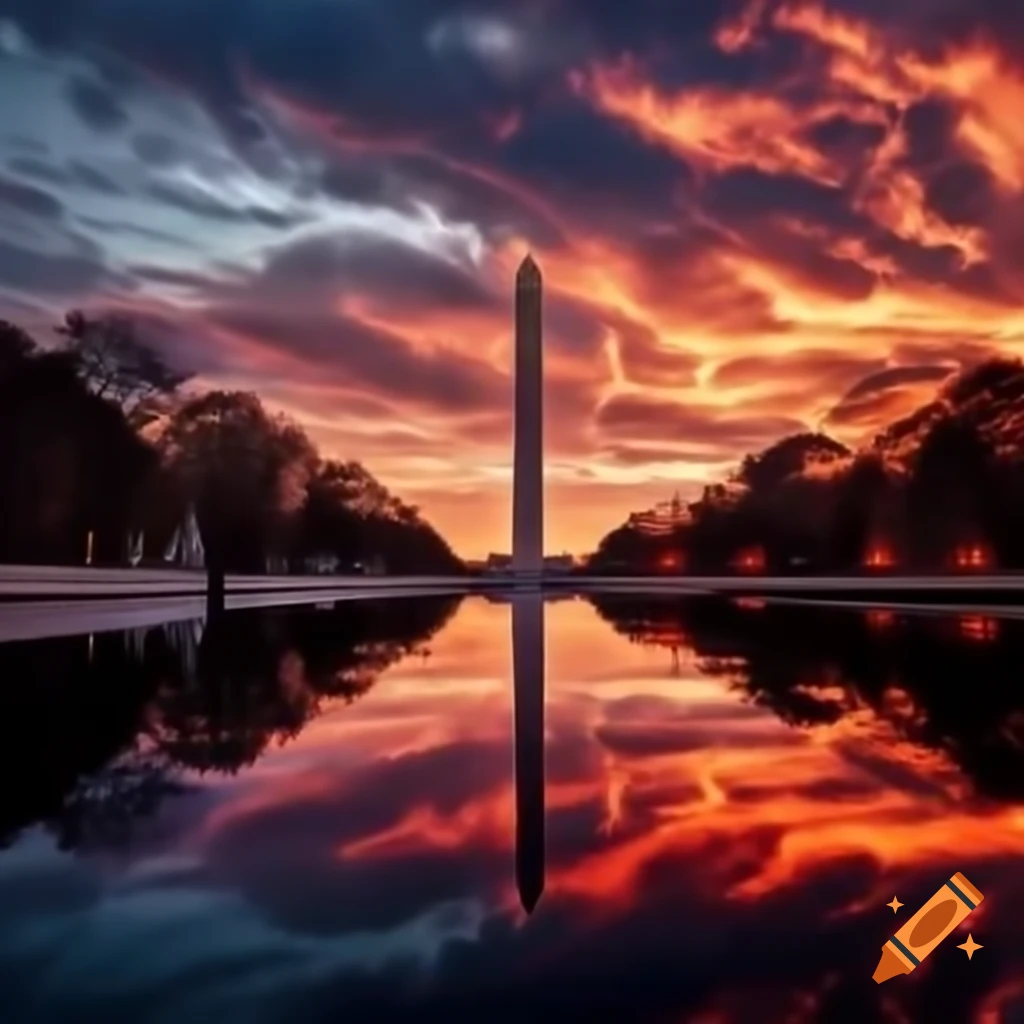 Distant view of Washington DC city in flames with reflecting pool and broken monuments