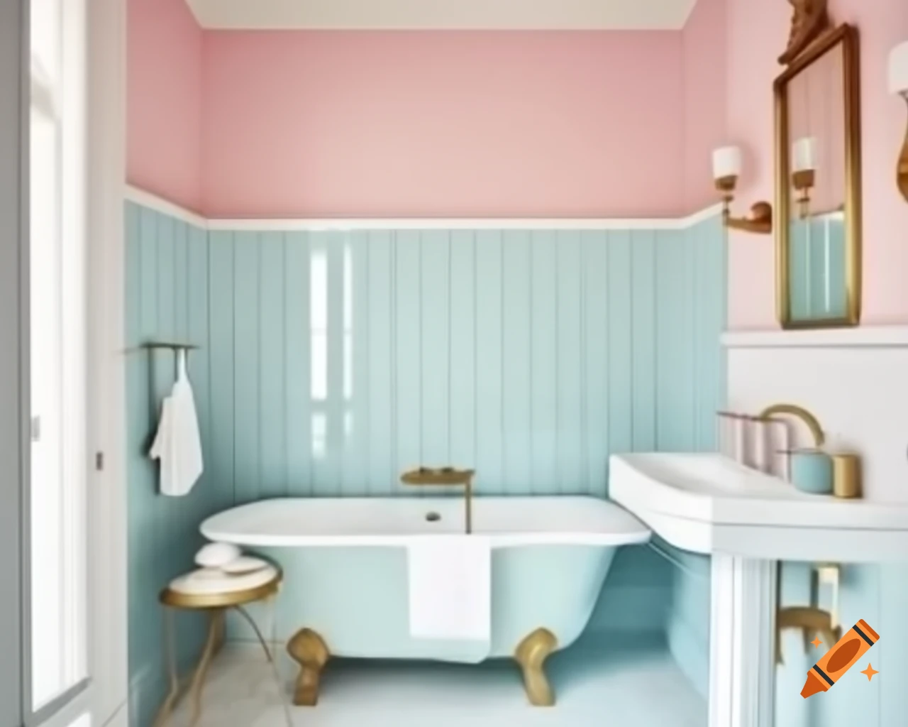 Elegant pastel bathroom design with pink walls and white clawfoot bathtub