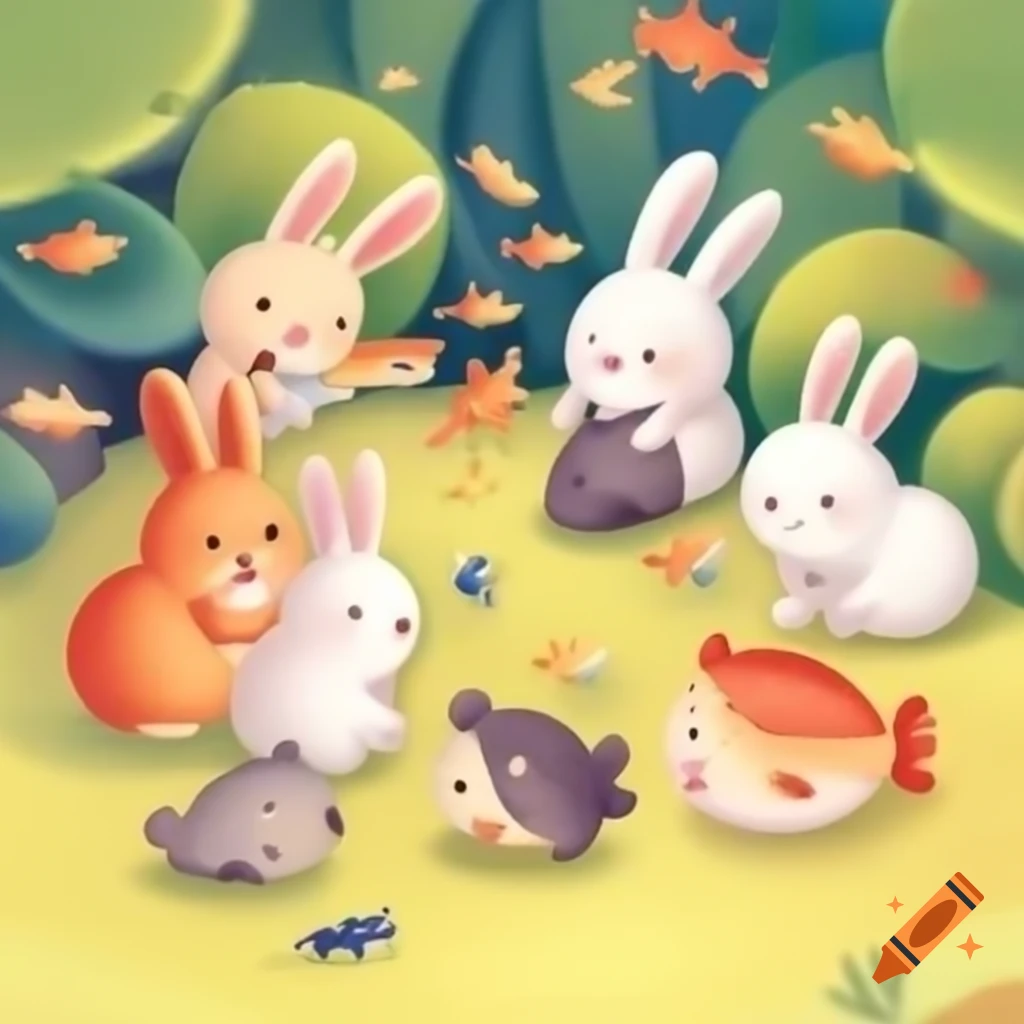 Bunnies, cats, and fish playing together in a cute scene