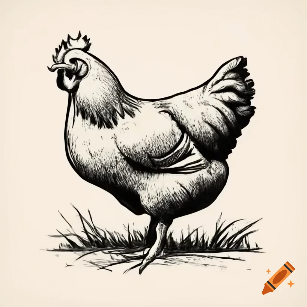 Vintage monotone design of a chicken on a farm