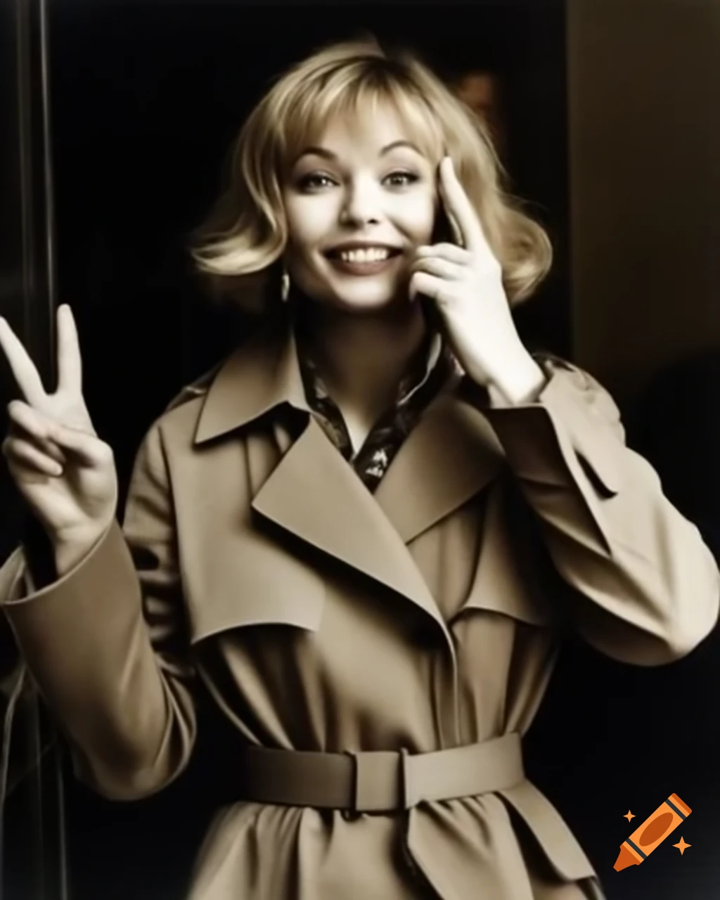 Vintage paparazzi photo of actress Asuka Langley smiling and making peace sign in street