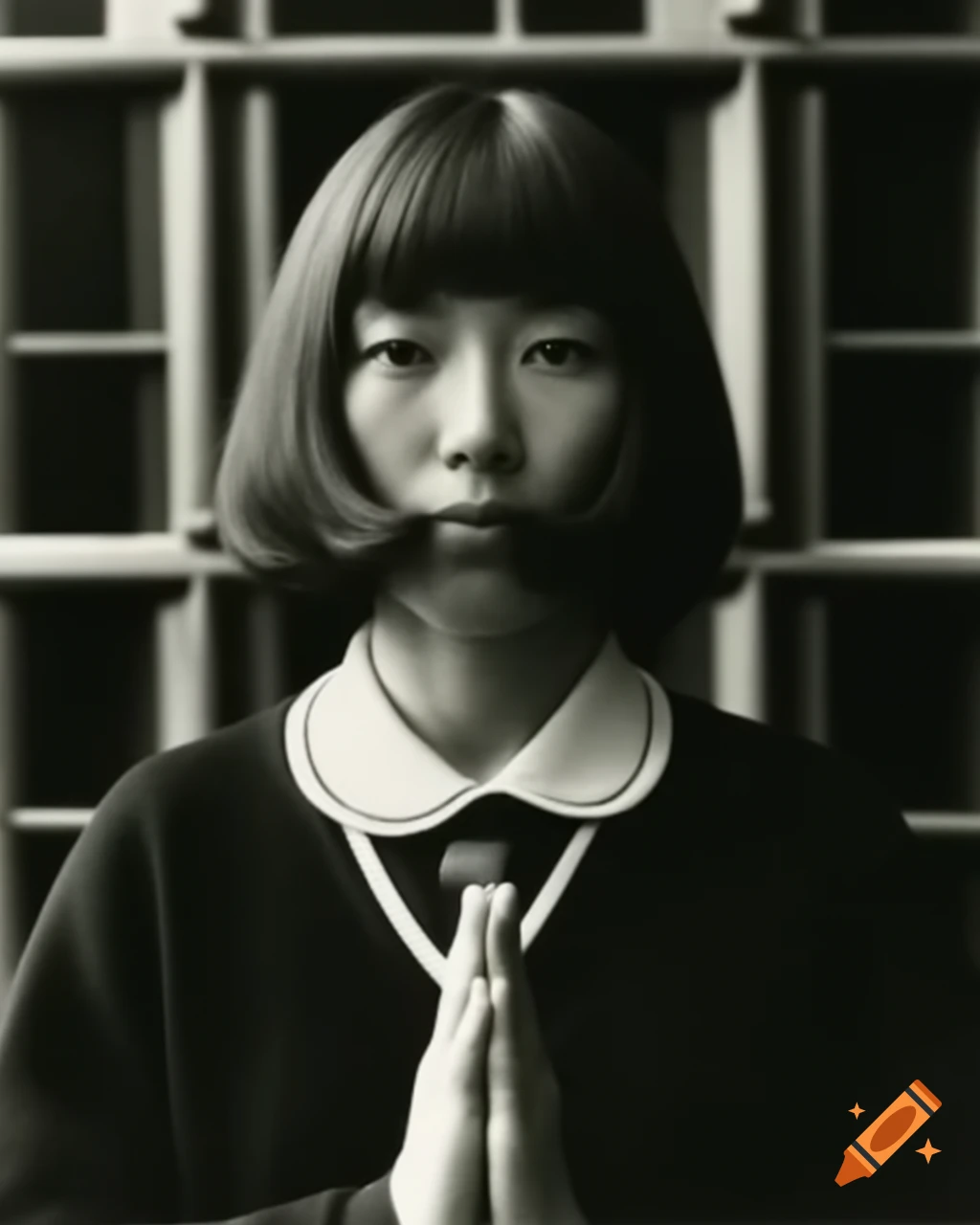 Portrait of Japanese female art student making peace sign at school gates