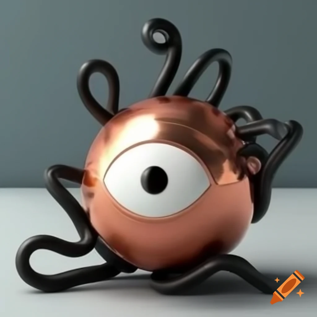 Stylized white eye in copper sphere with black tentacles