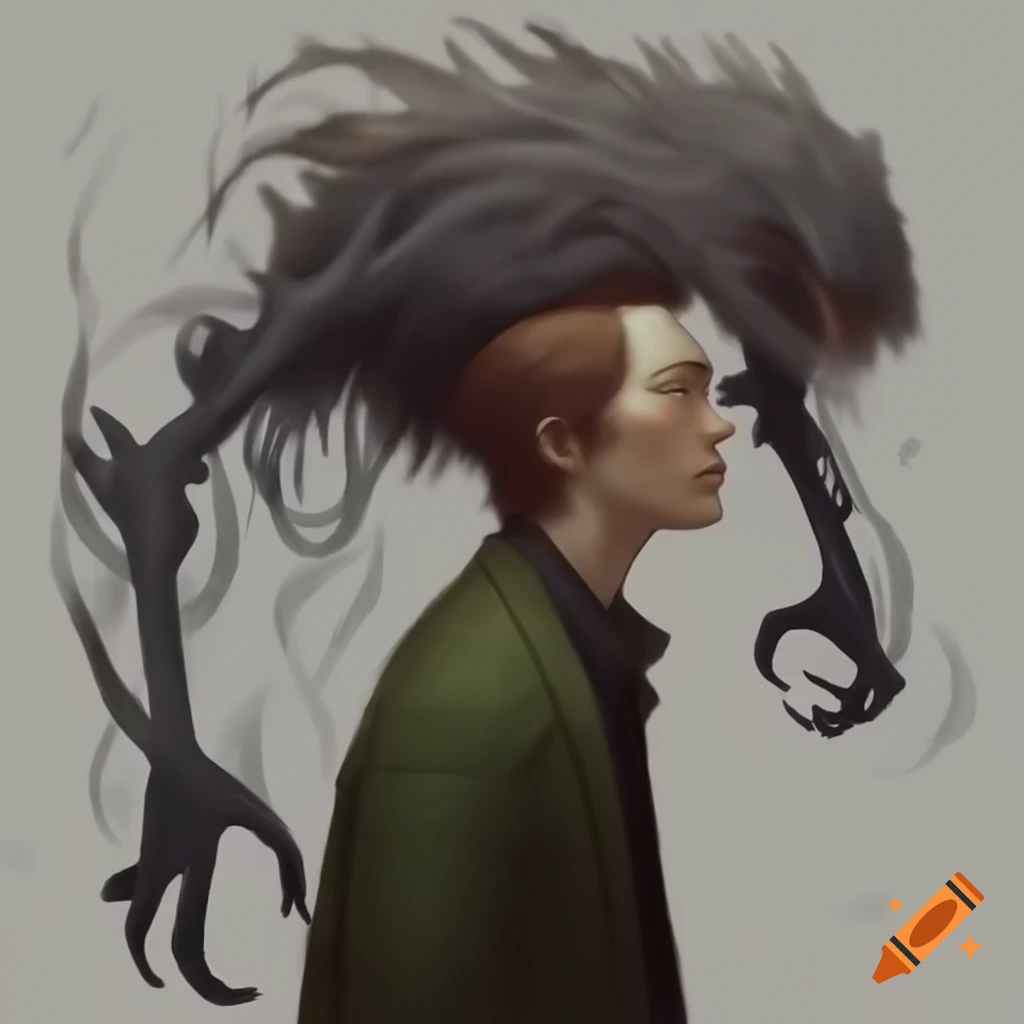 Surreal gaseous humanoid monster with fins hovering behind a man with fluffy brown hair
