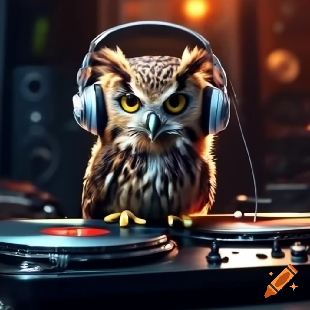 Eagle owl wearing headphones and playing music on turntables