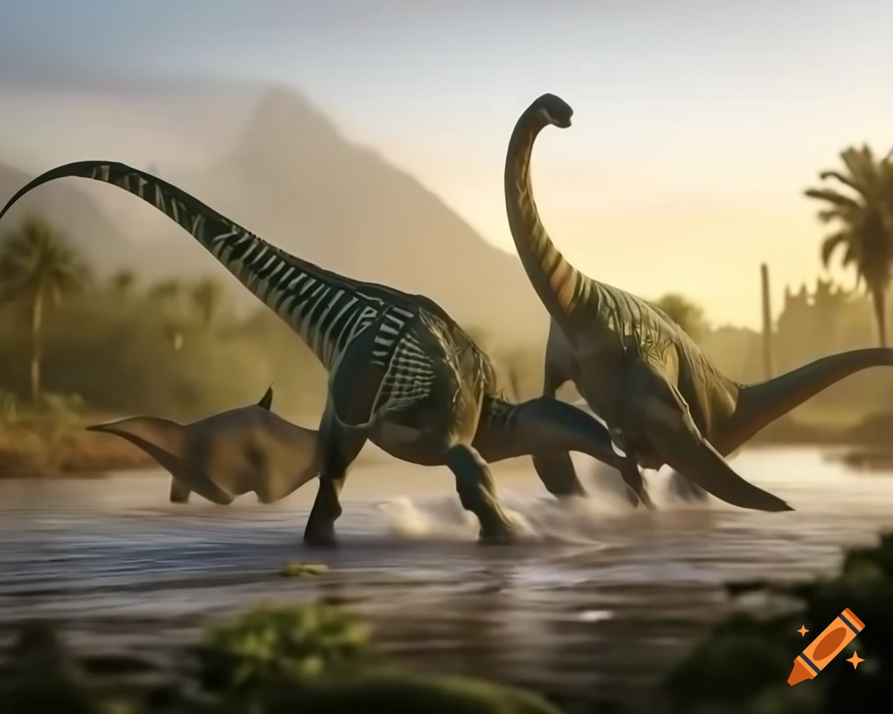 Striped Hadrosaurus dinosaurs near river bank in warm morning light, panoramic view, paleoart style