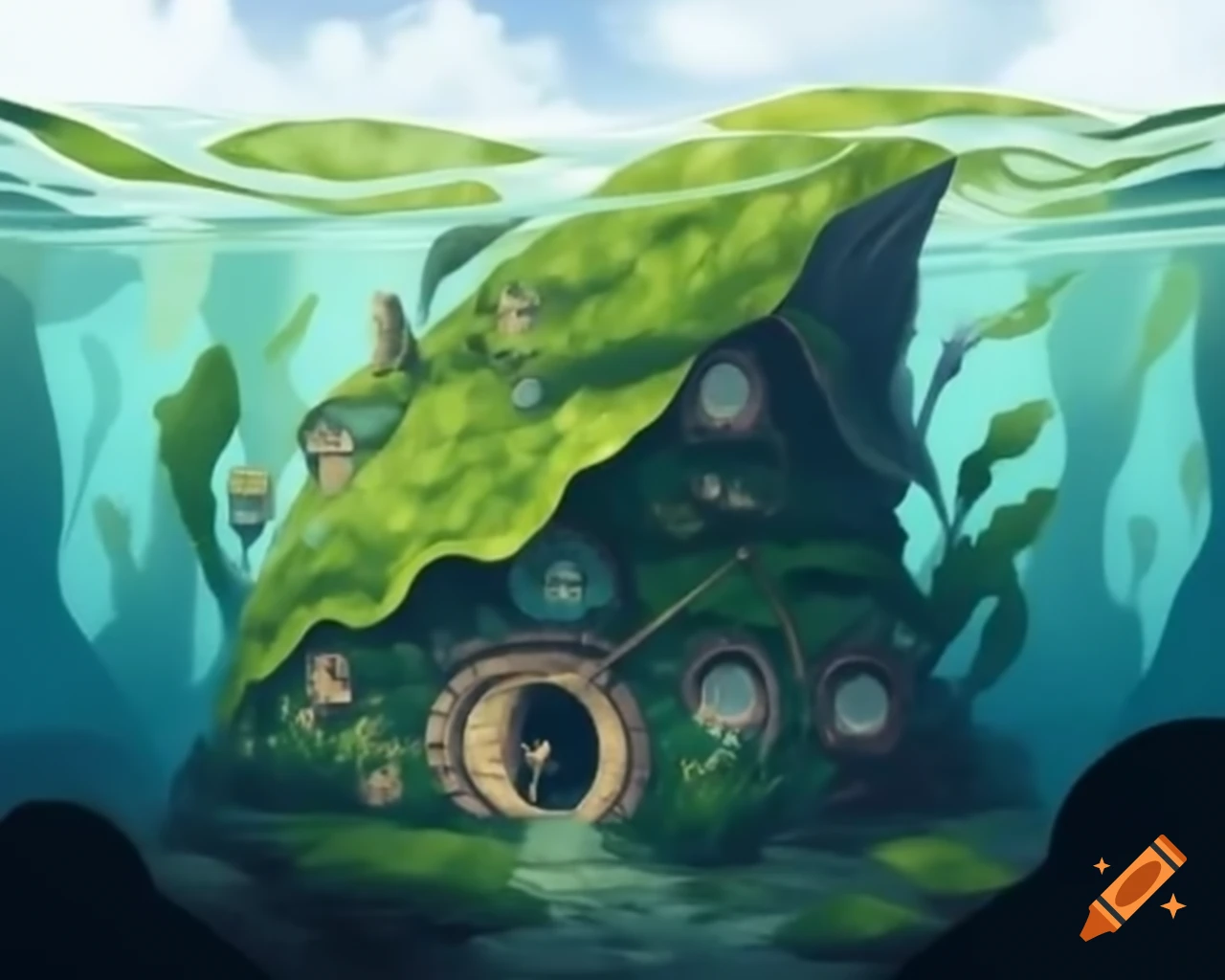 Mossy hobbit house decorated with seaweed and marine vegetation in underwater photography