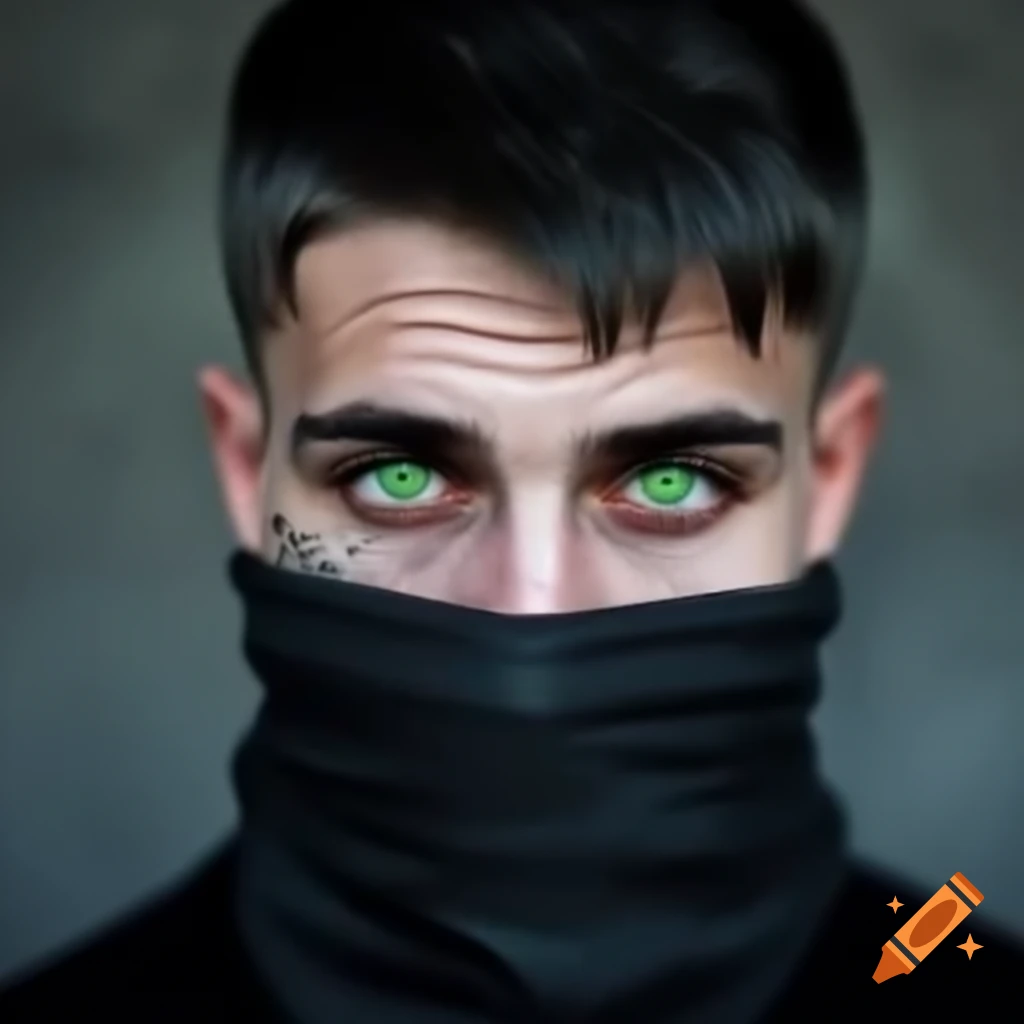 Young Serbian man with green eyes, short black hair, and burn scar on face wearing black bandana