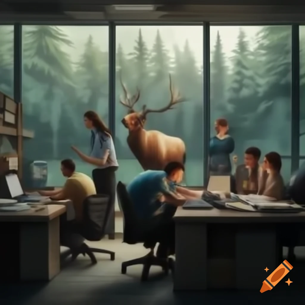 People coworking in an office with forest view and elk outside the window