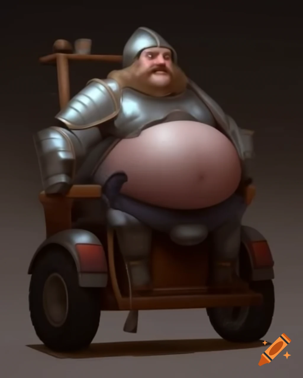Fantasy overweight knight on wooden mobility scooter, with large mustache and helmet
