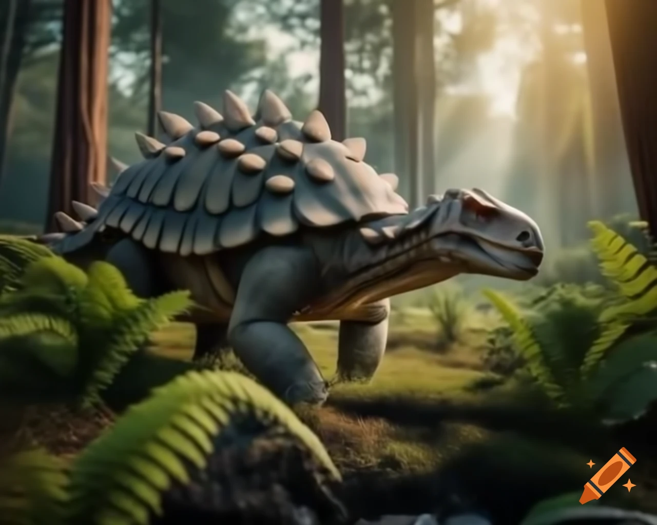 Ankylosaurus walking in prehistoric fern prairie under summer sunlight