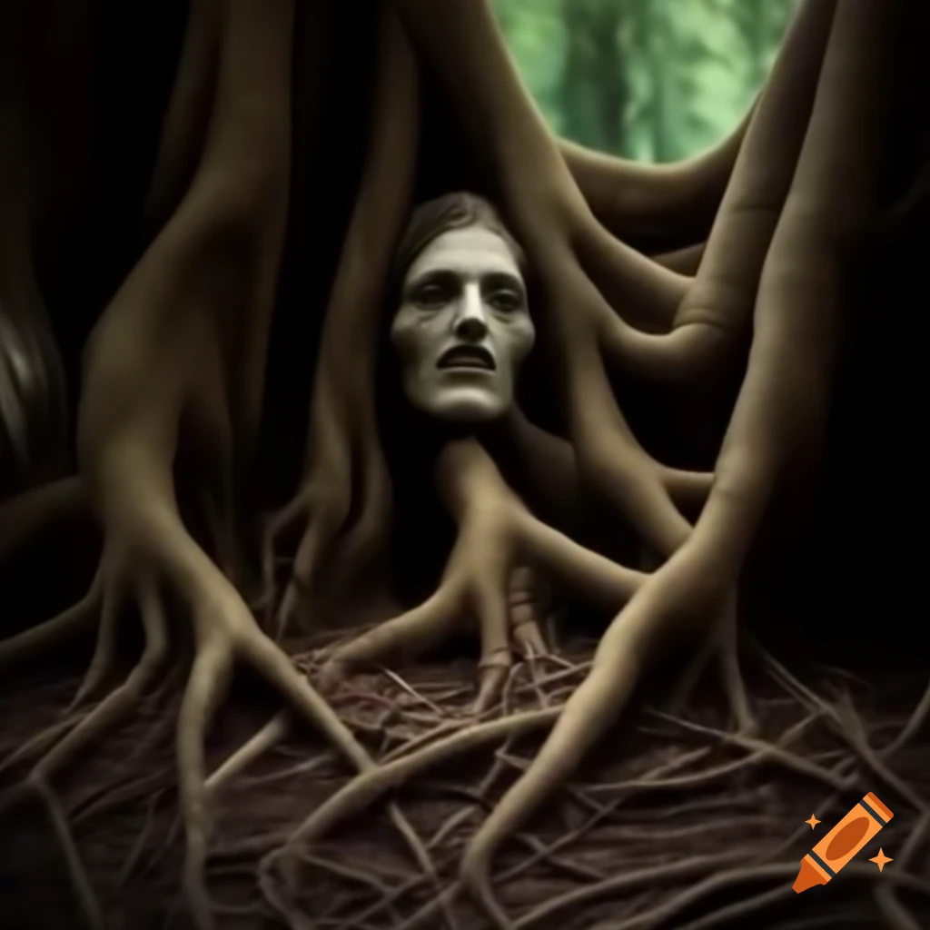 Thick twisted tree roots wrapping around Aarjun's legs, depicting a struggle