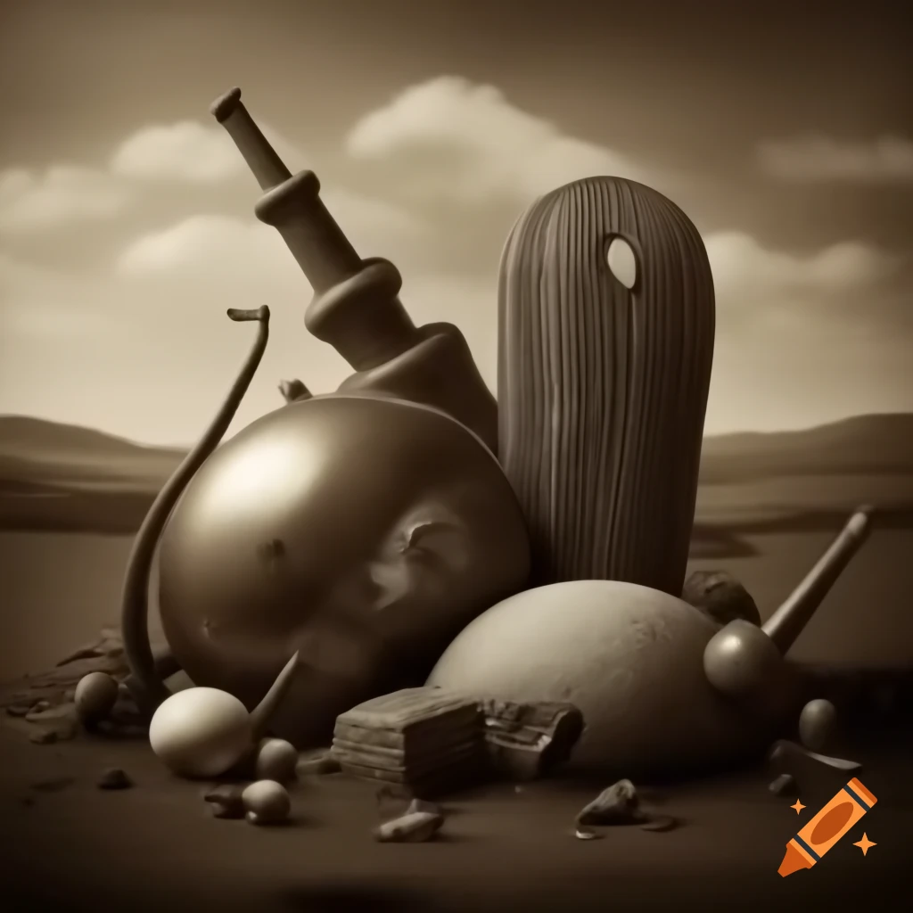 Surrealist sepia landscape featuring strange objects