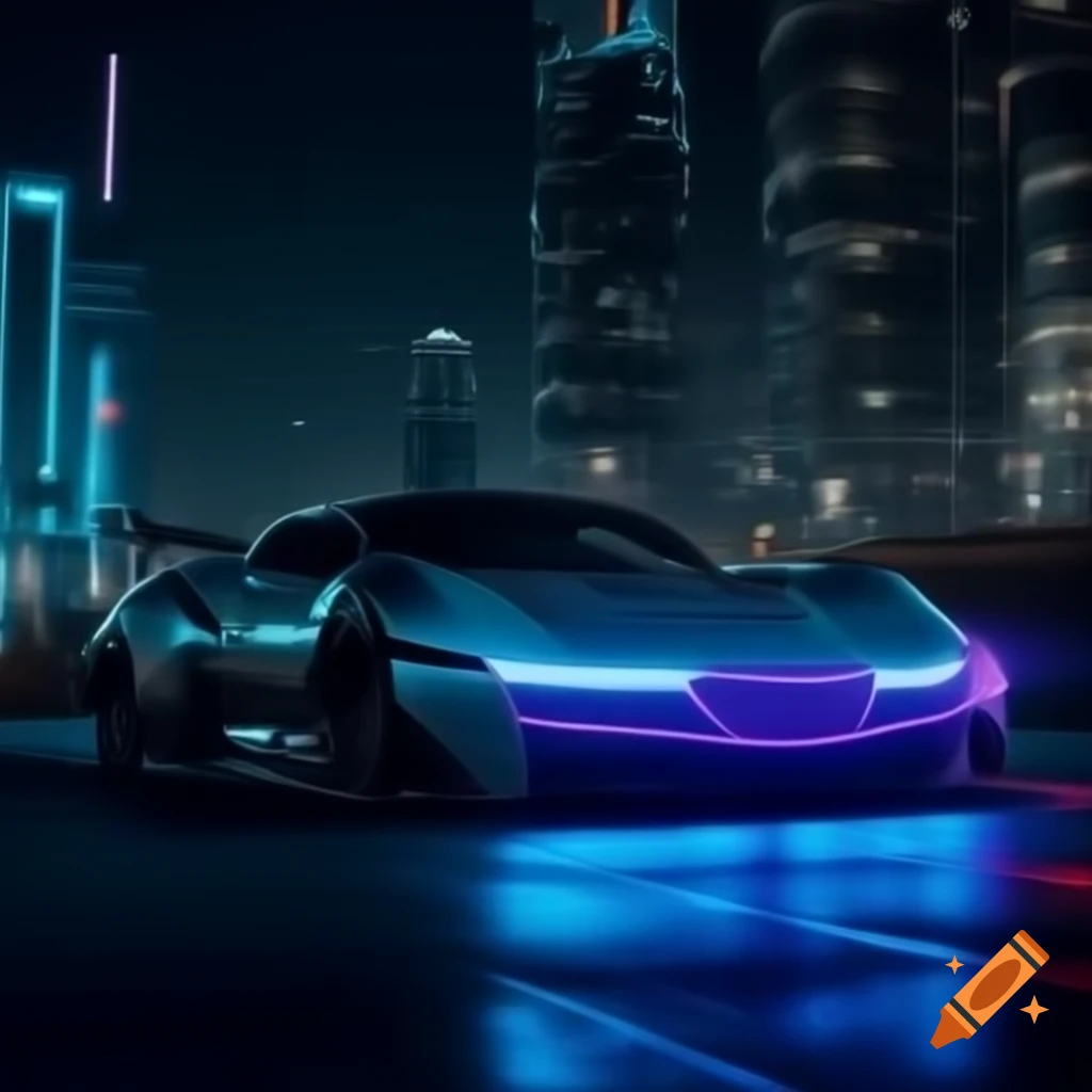 Futuristic neon car illuminated at night with high contrasts