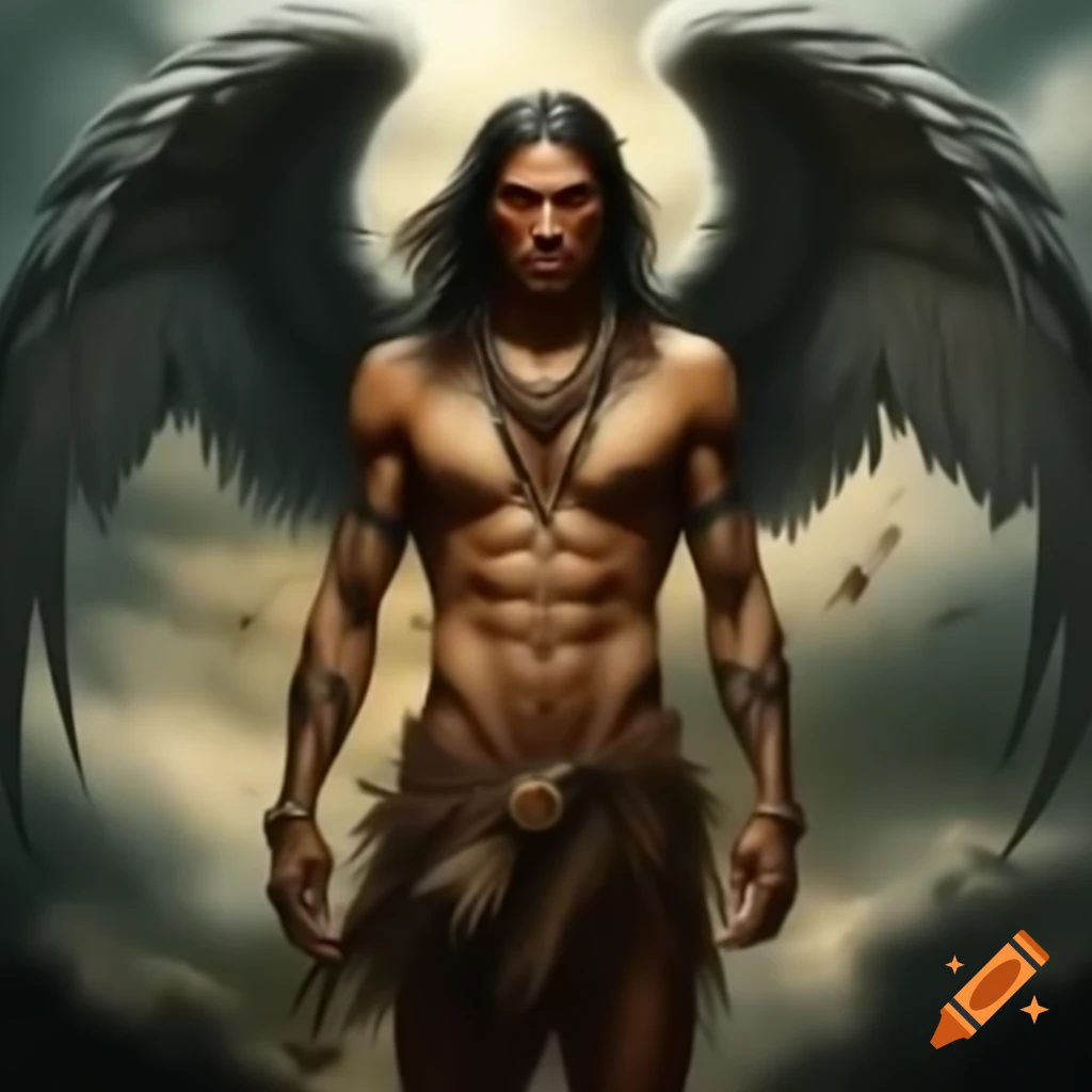 Indigenous male angel with grey wings overlooking chaotic São Paulo
