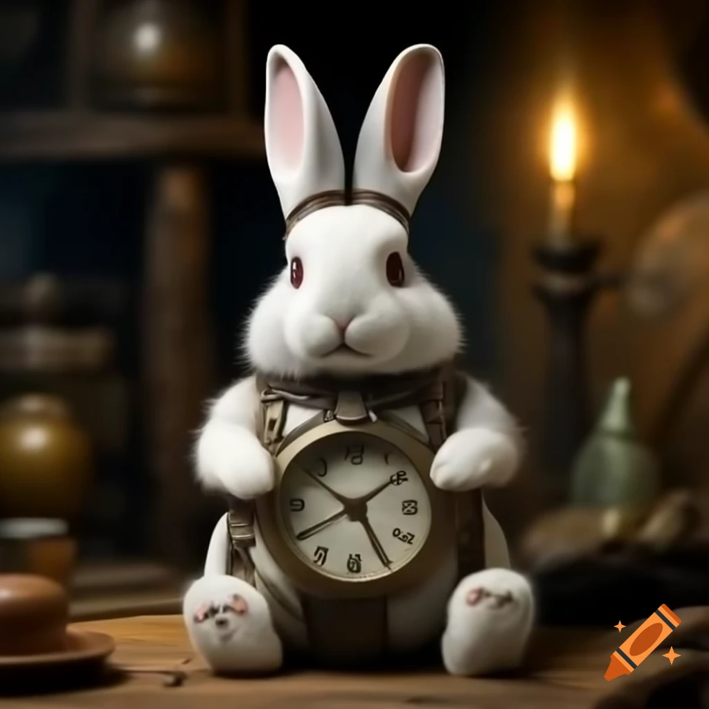 Steampunk White Rabbit from Alice in Wonderland running with a watch featuring AVASE initials