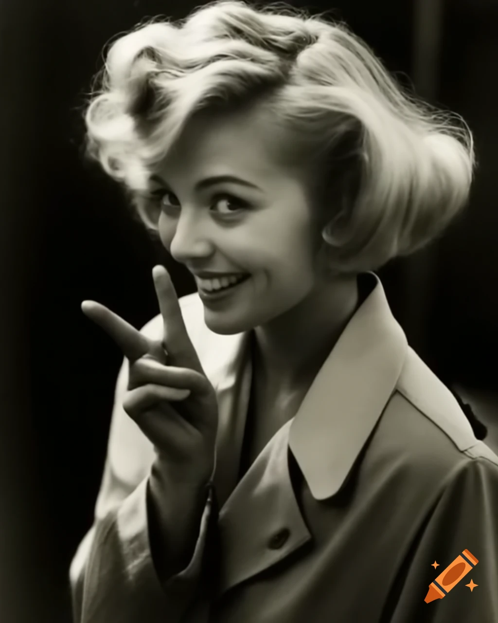 Vintage photo of actress resembling Miku Hatsune with peace sign and 1960s hairstyle