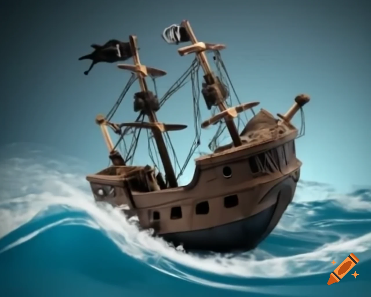 Miniature diorama of pirate ship being destroyed by wave