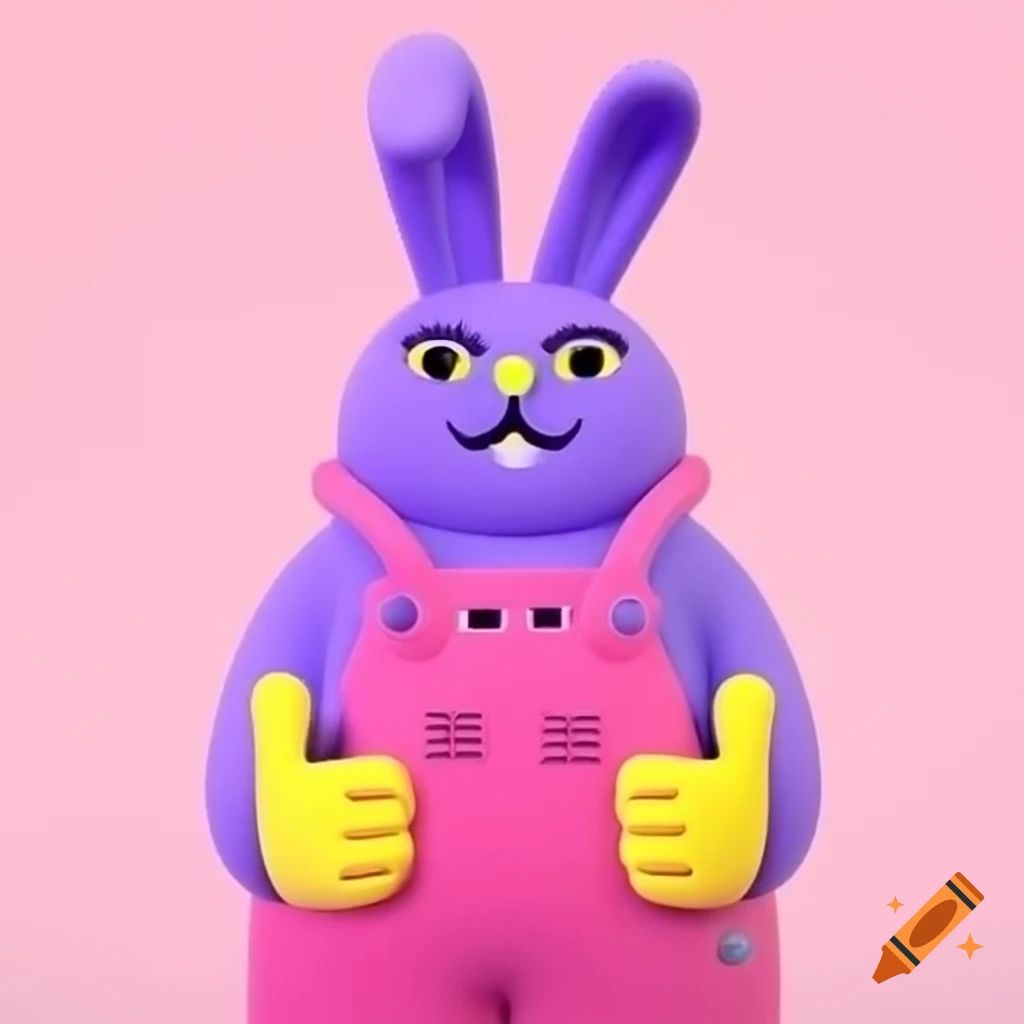 Anthropomorphic purple bunny in pink overalls with yellow buttons and gloves