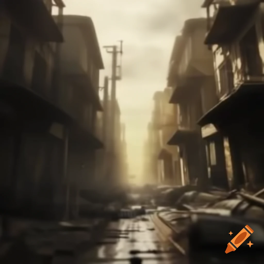 Post-apocalyptic street illustrated in one point perspective