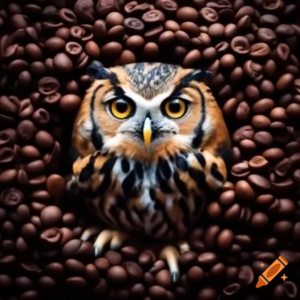 Owl with wide eyes crafted from coffee beans