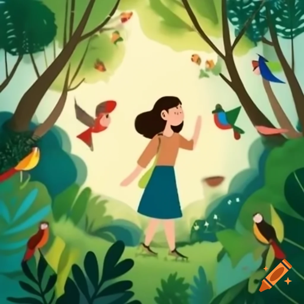 Woman enjoying nature surrounded by various trees and animals in a forest