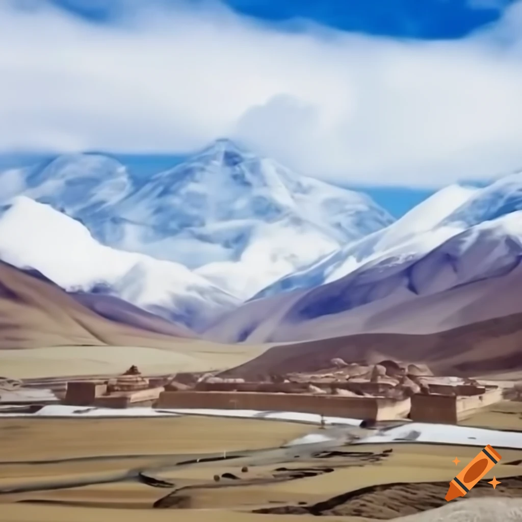 Serene landscape of Himalayan and Tibetan regions with snow-covered mountains