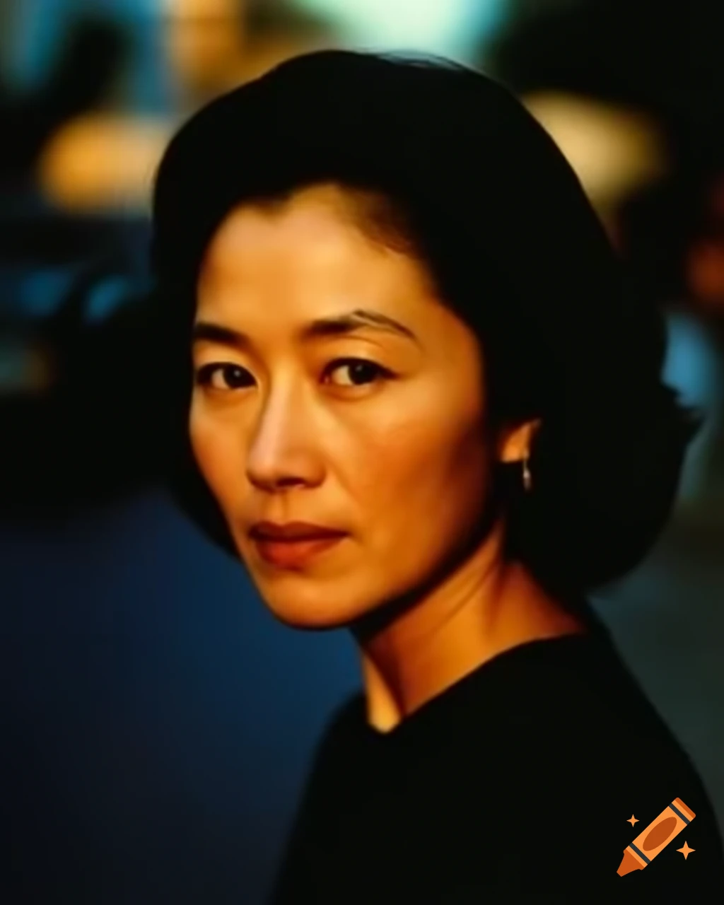 Award-winning vintage paparazzi photo of renowned Asian actress in street, showcasing detailed facial features